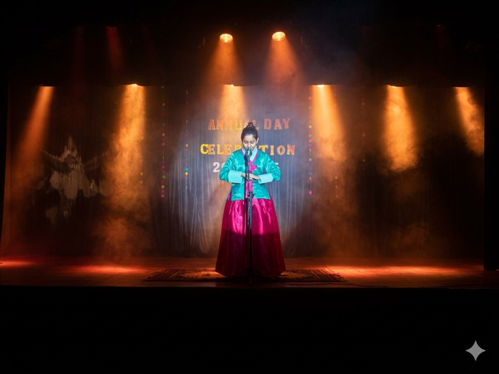 A South Asian girl, identical to the central figure in image_4.png, is standing on a dark wooden stage with her hands clasped, speaking into a microphone. She is dressed in the specific traditional Korean Hanbok (teal green jeogori with a magenta red goreum tie and a voluminous magenta pink chima skirt). The dark curtain backdrop clearly displays the glowing gold text "ANNUAL DAY CELEBRATION 2015" in a full-screen view, removing the tablet device from image_4.png. The scene is illuminated by multiple warm orange stage spotlights, creating distinct light cones and a faint, atmospheric haze. To the right of the text, a string of colorful star decorations hangs. The overall atmosphere is warm, intimate, and focused, providing a professional and unobstructed full-screen recreation of the performance.