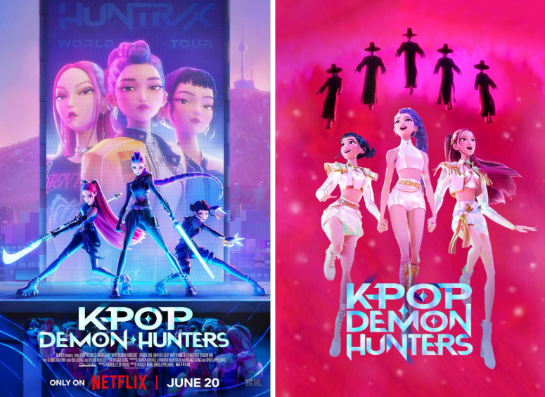 Official movie posters for Netflix's 'K-Pop: Demon Hunters' showcasing a girl group in both stylish stage outfits and futuristic demon-hunting gear.