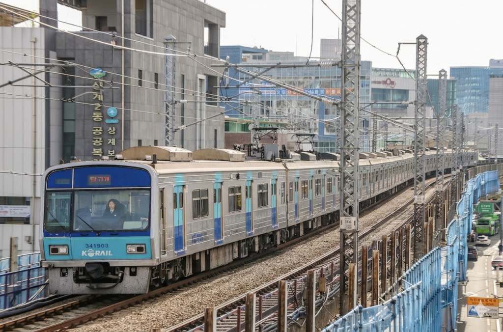 A photograph of a Seoul Metro Line 4 subway train with "Danggogae" destination sign, moving on an elevated track in an urban area. The train is turquoise and navy blue. In the background are city buildings like a community service center.