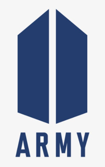 Official minimalist blue logo of BTS's global fandom, ARMY, featuring two inverted trapezoids symbolizing an opening door.