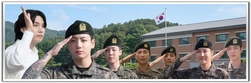 BTS members in a symbolic military salute and casual style reflecting their successful return as a full group.