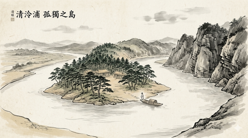 A traditional Korean ink wash painting (sumukhwa) showing a realistic aerial view of Cheongnyeongpo. The river curves naturally around the pine forest and the small house of King Danjong, with steep cliffs on the right, decorated with a calligraphic title and a red seal.