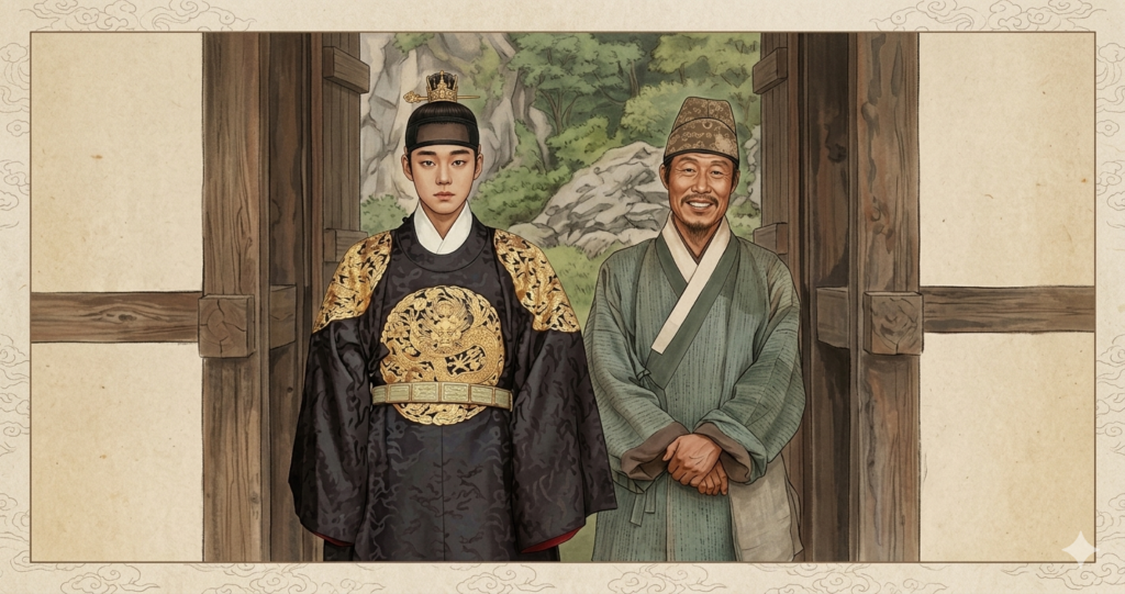A high-resolution traditional Joseon Dynasty royal portrait (Eojin style) visualizing the tragic "The King's Warden" chronicle. It depicts young King Danjong in a black dragon robe and Eom Heung-do, the faithful local official in standard attire, standing together in front of a weathered wooden gate.
