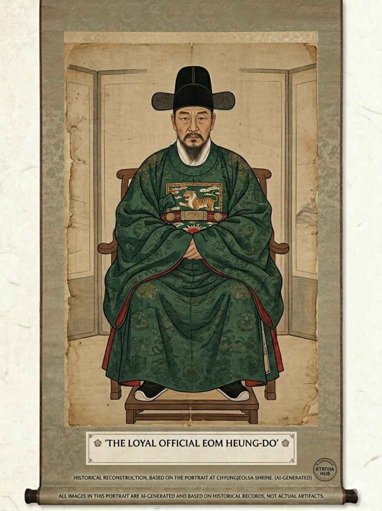 ​A historical portrait reconstruction of Eom Heung-do, based on the designated portrait at Chyungjeolsa Shrine in Yeongwol. The image is rendered in a traditional Korean painting style on a patterned silk scroll, depicting Eom in a deep indigo official's robe and a traditional black sammo (three-peaked hat), with a solemn and resolute expression. This is a respectful AI-generated reconstruction based on historical records