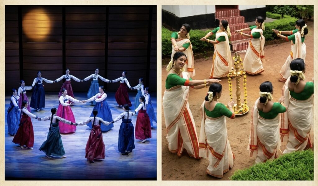 A side-by-side comparative image showing Korean women performing the Ganggangsullae circle dance in colorful Hanbok on a theatrical stage (left) and Indian women performing the Kummi dance in traditional Kerala sarees around a Nilavilakku oil lamp (right).