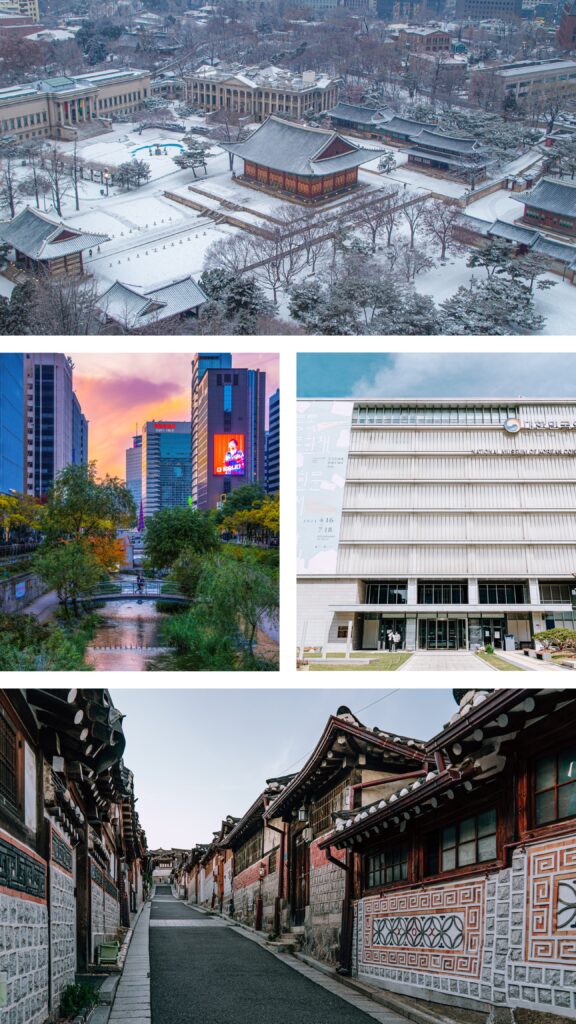 A collage of Seoul landmarks including Deoksugung Palace in snow, Cheonggyecheon Stream at sunset, National Museum of Korean Contemporary History, and Bukchon Hanok Village.