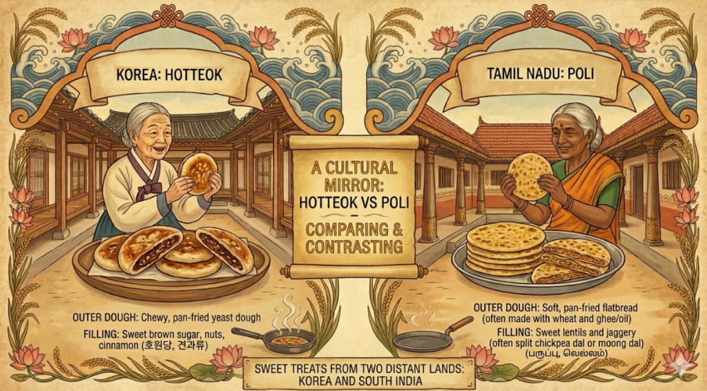 A Korean Minhwa folk illustration on textured paper compares King Suro's Hotteok and Tamil Poli sweet pancakes. The image is split, showing each pancake made on traditional stoves, with diagrams of the cut pancakes and labels for outer dough (chewy vs soft) and filling (brown sugar and nuts vs lentils and jaggery).