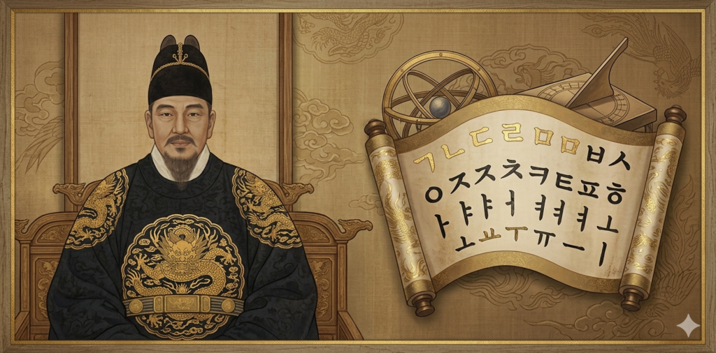 A dignified royal portrait of King Sejong the Great in a black dragon robe, seamlessly integrated with a scroll of Hangeul characters and scientific inventions like the armillary sphere.