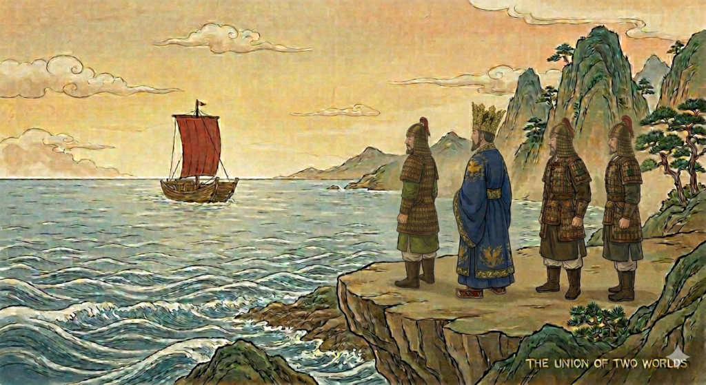 A Korean folk painting on textured mulberry paper shows King Suro of Gaya and his three attendants standing in a perfect row of profile poses on a high cliff, all looking out at a wooden sailing ship with a red sail approaching the Gaya coast under a soft dawn sky.