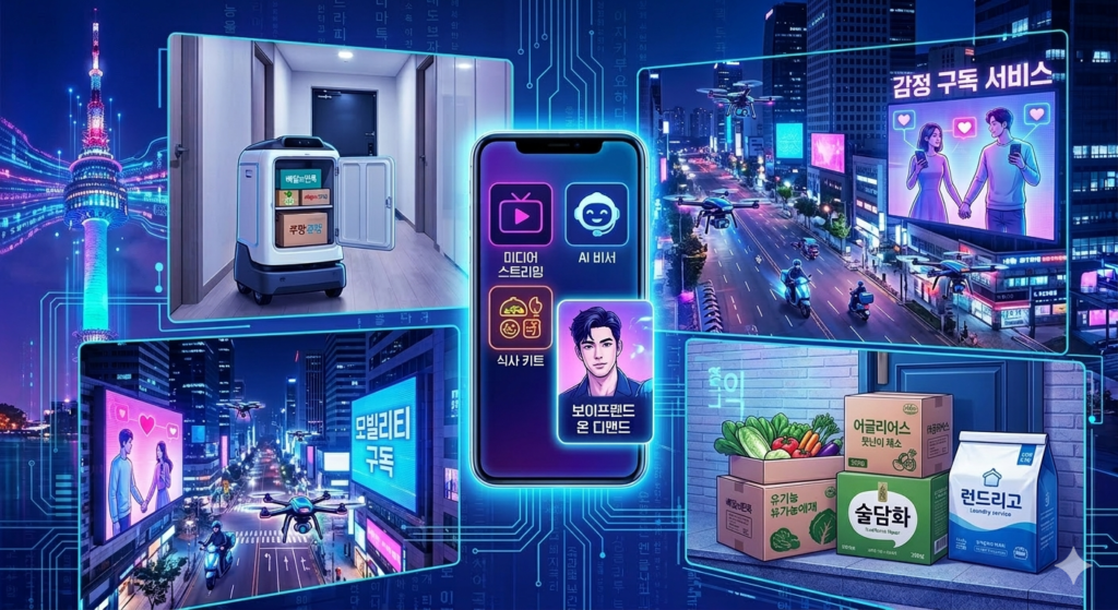 A futuristic collage of South Korea’s diverse subscription economy in 2026, featuring AI-driven services like 'Boyfriend on Demand', grocery delivery robots, and laundry subscription boxes against a neon Seoul nightscape.