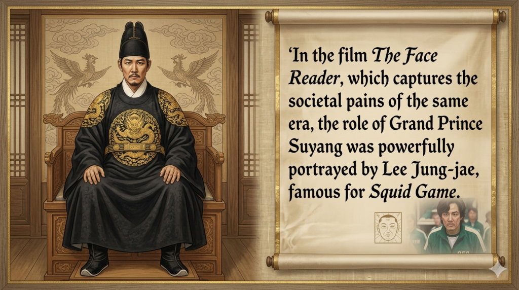 A digital painting of actor Lee Jung-jae as Grand Prince Suyang from the film 'The Face Reader', depicted in the style of a traditional Joseon Dynasty royal eojin portrait, paired with a scroll explaining his role.