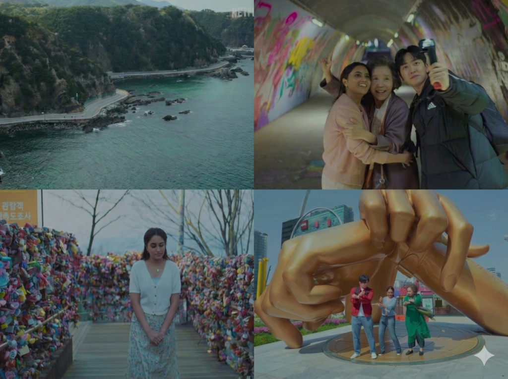 : A 2x2 grid collage of official trailer stills from the Netflix film 'Made in Korea'. Top-left: A scenic aerial view of a winding coastal road in South Korea. Top-right: Characters Shenba, Yeon-ok, and a young man taking a happy selfie in a colorful graffiti tunnel. Bottom-left: Shenba standing thoughtfully on the N Seoul Tower love lock bridge. Bottom-right: The three main characters performing the 'Gangnam Style' horse dance in front of the giant golden hand statue in Gangnam, Seoul.