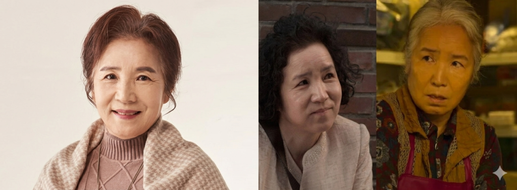 A horizontal cinematic collage of South Korean actress Park Hye-jin. The left half is a large, central portrait from image_6.png, where she smiles warmly in a patterned turtleneck and shawl. The right half is split into two equal-sized blocks. The top block (from image_7.png) shows her with short dark curly hair, smiling subtly upwards against a brick wall. The bottom block (from image_8.png) features her with short grey hair, a concerned expression, and a magenta apron, set in an indoor background. The portraits blend at the central division, creating a dynamic visual narrative of her range.