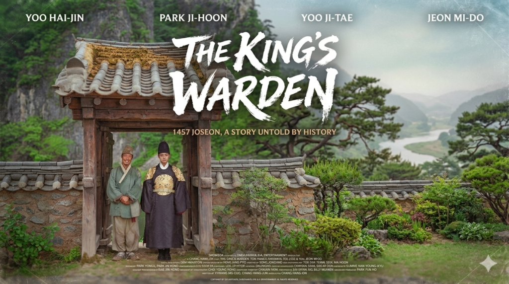 ​"Movie poster for 'The King's Warden' featuring Yoo Hai-jin and Park Ji-hoon standing under a traditional Korean wooden gate in a Joseon Dynasty setting. The atmosphere is serene yet melancholic with a lush green mountain background."
