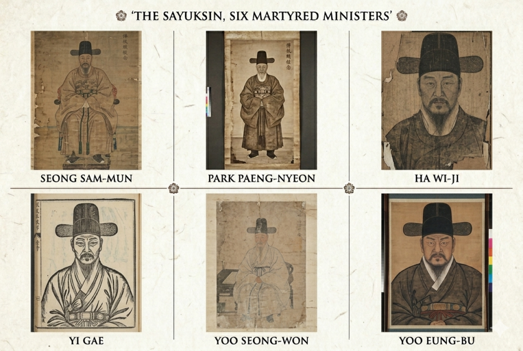 ​A 3x2 collage featuring historical portraits and illustrations of the 'Sayuksin,' the Six Martyred Ministers of the Joseon Dynasty. The images are presented in a traditional scroll and ink-drawing style to reflect historical authenticity. Each portrait includes the minister's name in English at the bottom: Seong Sam-mun, Park Paeng-nyeon, Ha Wi-ji in the top row, and Yi Gae, Yoo Seong-won, Yoo Eung-bu in the bottom row.