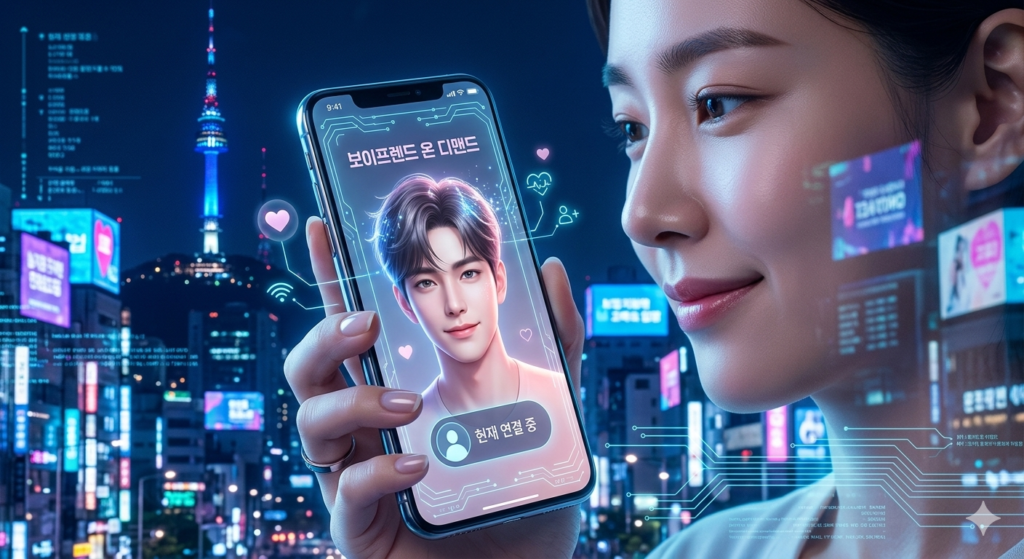  A close-up view of a person holding a smartphone showing a high-tech 'AI Boyfriend' avatar, reflecting the correct Korean text "보이프렌드 온 디맨드" above him, set against a backdrop of a glowing, neon Seoul nightscape.