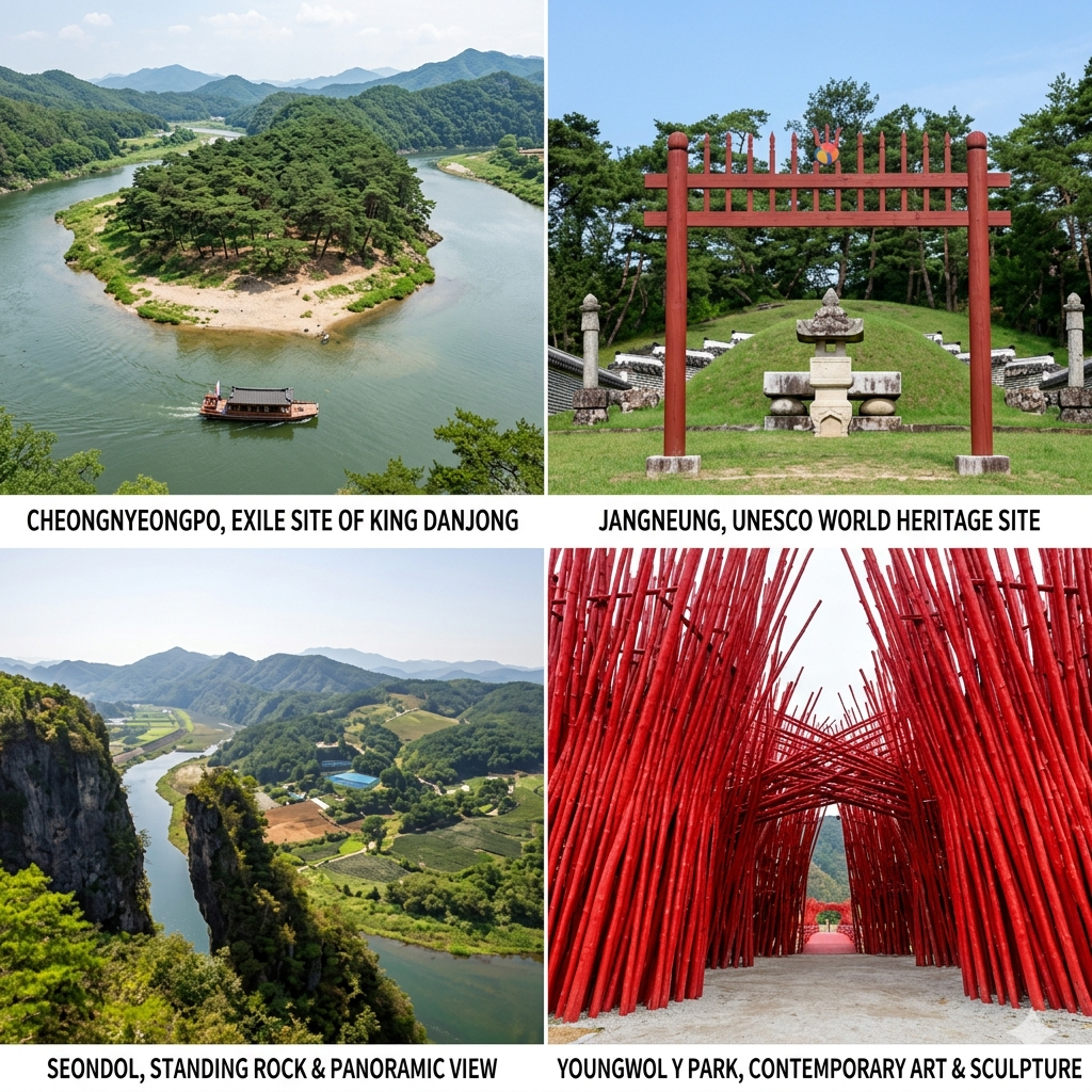 A 2x2 collage representing major tourist attractions in Yeongwol, South Korea: Top-left shows Cheongnyeongpo (King Danjong's exile site) surrounded by a river; Top-right displays Jangneung (UNESCO World Heritage Royal Tomb); Bottom-left features Seondol (a towering standing rock cliff); and Bottom-right captures the iconic red bamboo structure of Youngwol Y Park contemporary art museum.