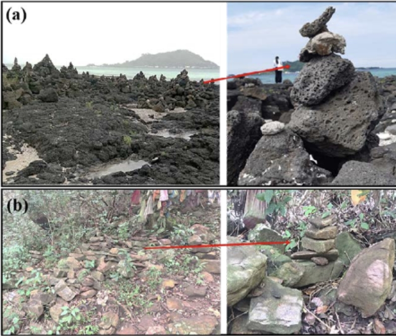​A split-screen image comparing stone-stacking practices. Section (a) shows numerous dark, volcanic stone towers (basalt) on the rocky shore of Hyeopjae Beach, Jeju Island, South Korea, with the ocean and a distant island in the background. Section (b) shows similar small stone towers made of earthy, light-colored rocks in a forested area at Sitheswaran Temple, Palamalai, Tamil Nadu, India. Red arrows point from the wide landscape views to close-up shots of the stacked stones, highlighting the identical ritualistic structures found in both regions despite the geographical distance.