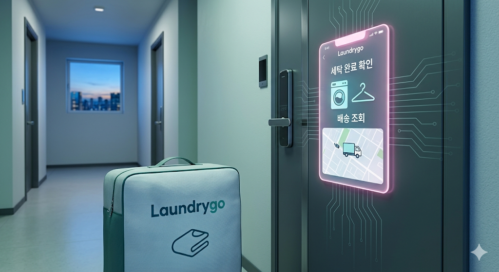 A sleek mobile screen showing a 'Laundrygo' subscription app with correct Korean branding, next to a neat laundry bag placed outside a modern apartment door, with a glimpse of Seoul at dawn.