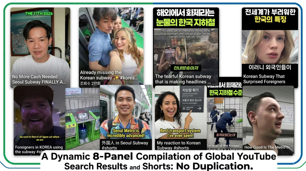 ​A vibrant photographic collage image in a 16:9 horizontal format. It is composed of exactly eight distinct, overlapping YouTube video and Shorts screenshots arranged in two rows of four. The collection is based on the viral international reaction to the Seoul subway. The top row features the original creators from image_7.png, image_8.png, image_9.png, and image_10.png, showcasing titles like 'No More Cash Needed' and '전세계를 부러워한 한국의 특징'. Critically, the second and third positions in the lower row, which were previously duplicates, have been completely replaced with two new, unique foreign creators (a Southeast Asian man and a Hispanic woman), eliminating duplication. These new creators also appear enthusiastic and present new titles like 'Seoul Metro is advanced!' and 'Best transport system I've seen!'. All eight thumbnails feature diverse ethnic individuals—including Black, White, Southeast Asian, South Asian, Hispanic, and East Asian people—all smiling or looking amazed. They hold T-money cards, point at clear multilingual signs, and experience the clean interiors of Line 2 or Line 9 trains. Play button icons are on each panel. The background is a slightly blurred blending of geometric subway line patterns. The overall tone is enthusiastic and positive.