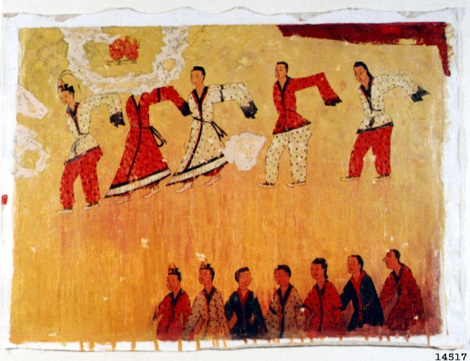A historical mural from the Goguryeo Dynasty (4th-7th century) depicting ceremonial figures in traditional attire, illustrating the ancient roots and spiritual heritage of Korean shamanism.
