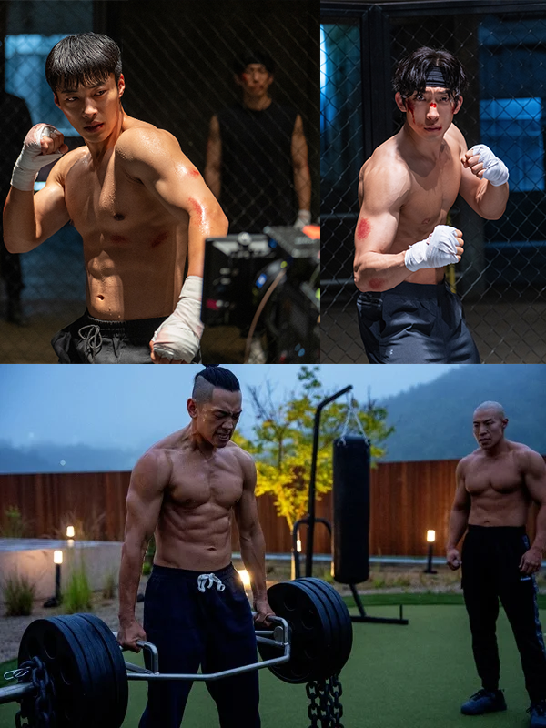 A collage featuring Woo Do-hwan and Lee Sang-yi in boxing stances, and Jung Ji-hoon (Rain) performing a heavy deadlift, showcasing their physical transformations for Netflix's Bloodhounds Season 2.