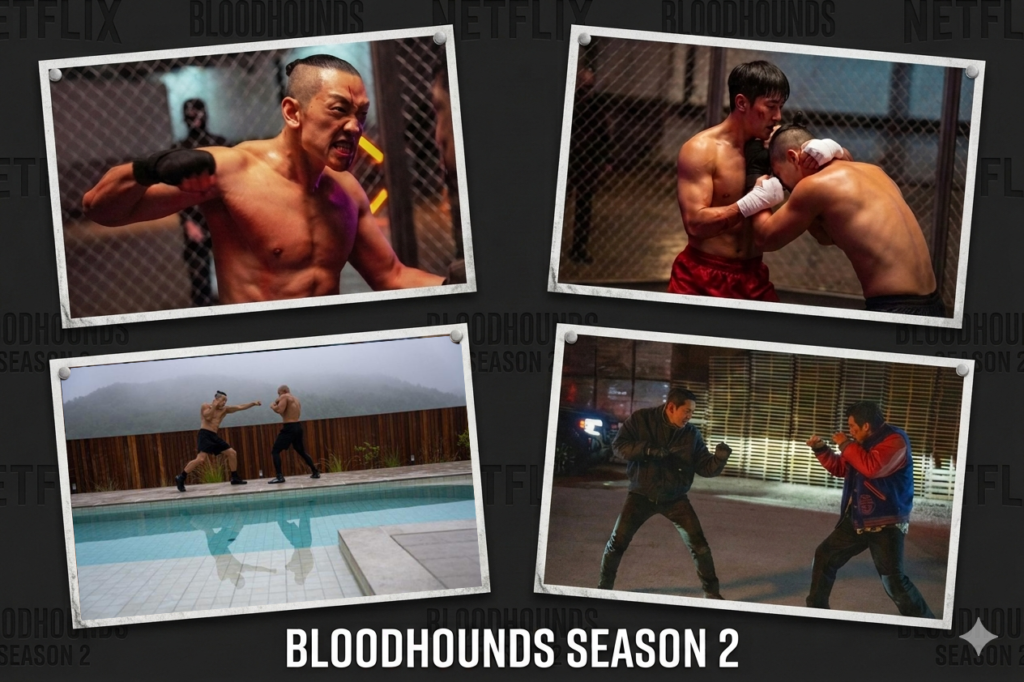 Four action scenes from the Netflix series Bloodhounds Season 2 featuring fight sequences in a cage, on the street, and by a pool.