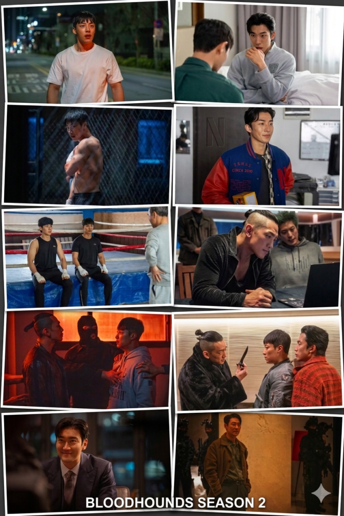 A dynamic photo collage featuring various action-packed scene stills from the Netflix series 'Bloodhounds Season 2', arranged in a tilted, pinboard-style layout.