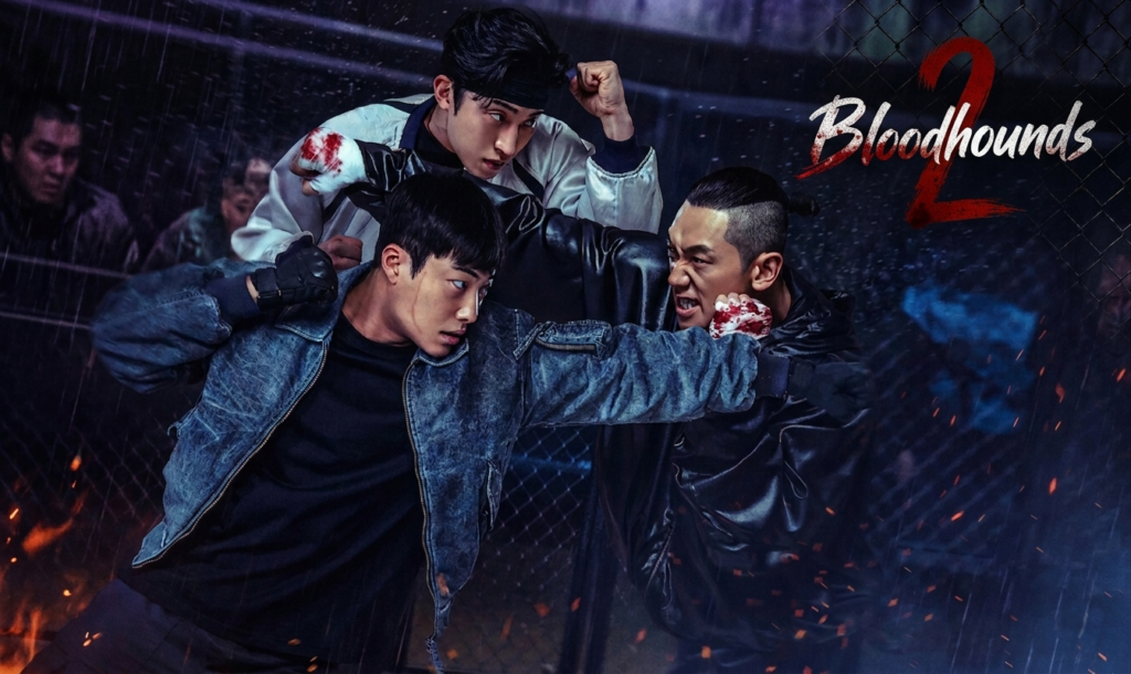 Action scene from Bloodhounds Season 2 featuring two fighters in a cage with the text Bloodhounds 2 in white and red.