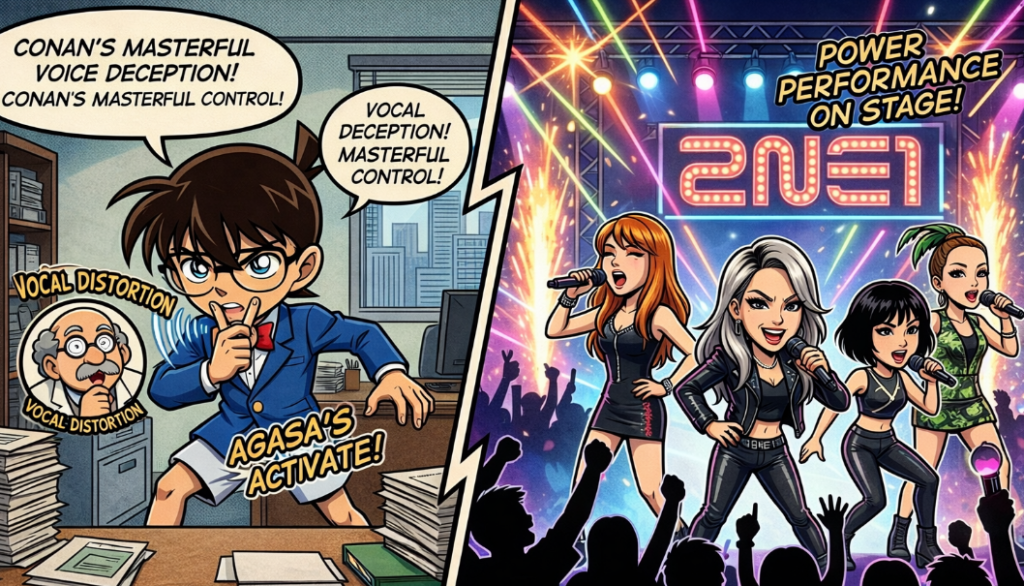 A split-screen cartoon illustration. On the left, a character resembling Detective Conan uses a voice-changing bow in a library. On the right, four cartoon characters inspired by 2NE1 perform on a vibrant stage with lights and a crowd.