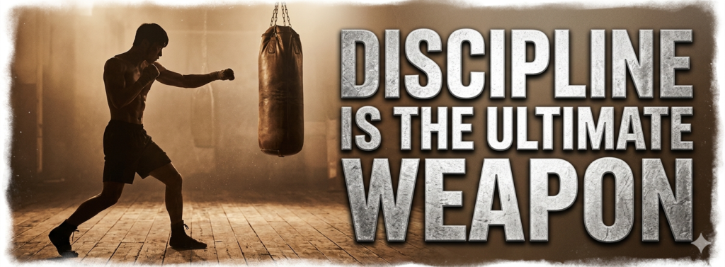 A horizontal concluding image with a blurry, textured border. On the right, bold, blocky white English typography reads: 'DISCIPLINE IS THE ULTIMATE WEAPON'. On the left, a single, solitary, heavily backlit figure in a hard-working boxing stance, appearing as a dynamic silhouette.