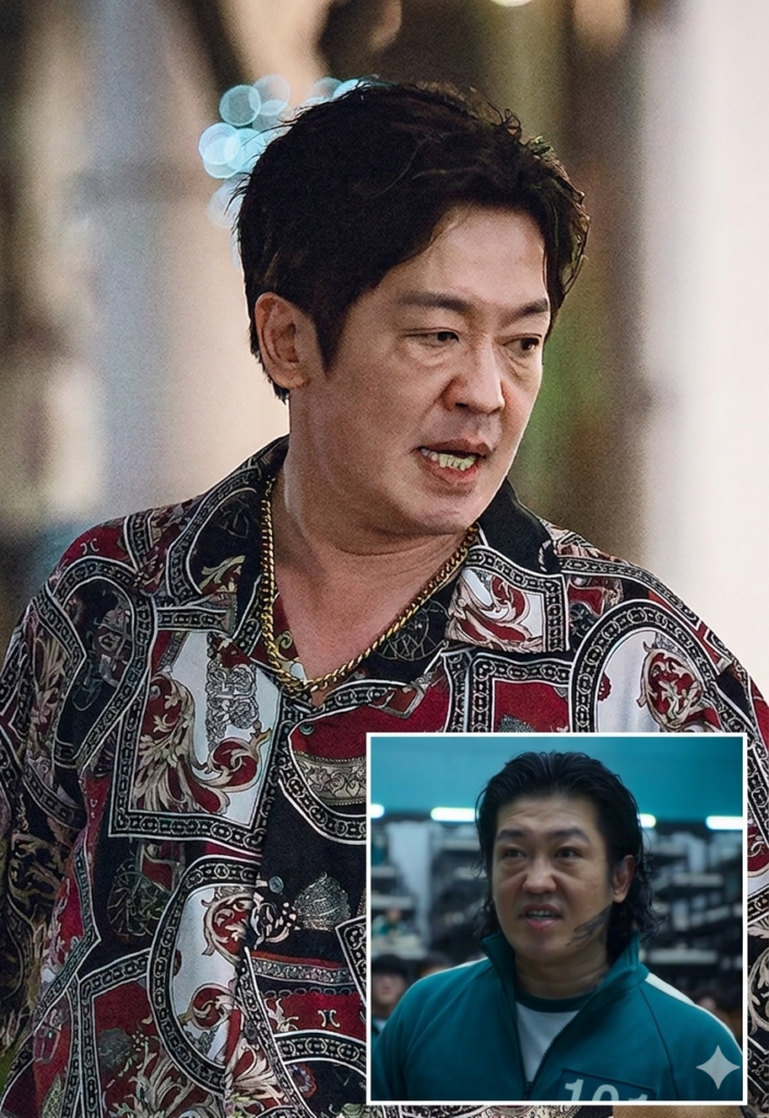 A composite image featuring two iconic villainous portraits of actor Heo Sung-tae. The main background portrait shows him as the character Seo Tae-seok from "Big Bet," wearing a patterned red and black silk shirt and a gold chain against a blurred street background. A smaller inset image at the bottom right shows him as character Jang Deok-su (Player 101) from "Squid Game," wearing a teal tracksuit with his cheek tattoo.