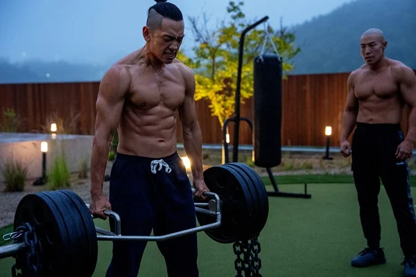 Actor Jung Ji-hoon (Rain) performing a heavy trap-bar deadlift with intense muscular definition for his villainous role in the Netflix series Bloodhounds 2.