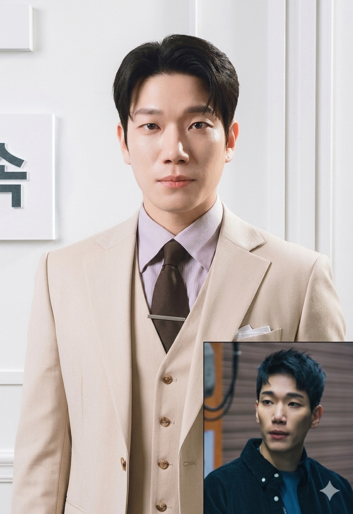 A composite image featuring two portraits of actor Kim Kyung-nam. The main background portrait is from the drama "Phantom Lawyer," showing him in a sharp beige suit and tie. A smaller inset image at the bottom right shows him from the movie "Special Delivery," with textured short hair and a black corduroy jacket.