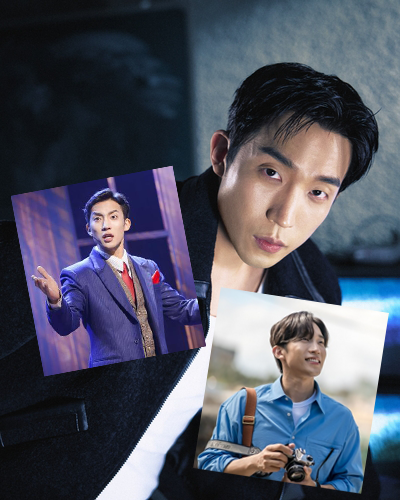 A composite photo collage of South Korean actor Lee Sang-yi, featuring his professional headshot, a performance capture from a musical, and his role as a producer in the drama 'Hometown Cha-Cha-Cha'.