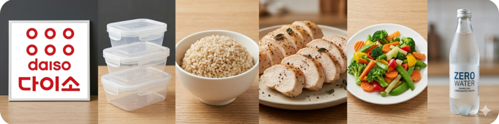 Bloodhounds Season 2 Workout: A horizontal collage featuring the Daiso logo, stacked plastic meal prep containers, brown rice, chicken breast, mixed vegetables, and zero-calorie sparkling water.