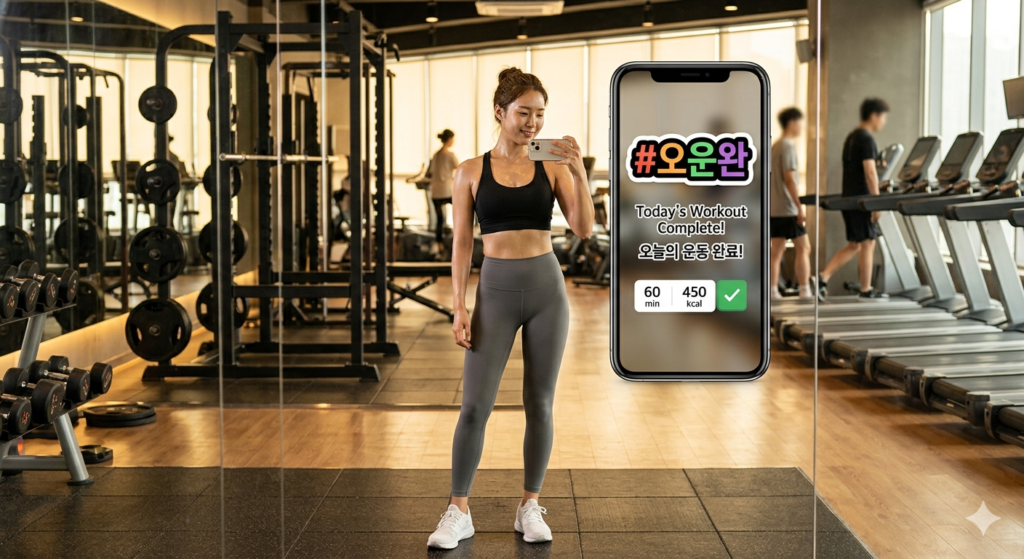 A close-up of a sweaty woman's reflection in a gym mirror, taking a selfie where the phone screen shows a digital overlay with '#오운완' (Oh-Woon-Wan) and 'Today’s Workout Complete' stickers.