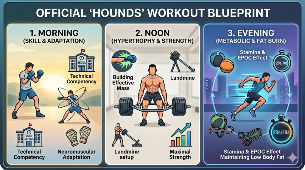 A 3-panel infographic titled 'OFFICIAL HOUNDS WORKOUT BLUEPRINT' showing the daily training cycle: 1. Morning (Technical & Skill), 2. Noon (Hypertrophy & Strength), and 3. Evening (Metabolic & Fat Burn) with icons of boxing, weightlifting, and running.