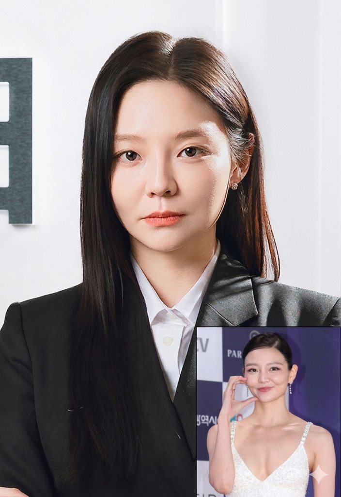 A composite image featuring actress Esom. The main background is her sharp character profile from the drama "Phantom Lawyer" in a black suit, with a smaller inset image at the bottom right showing her smiling in a white sequined dress at a red carpet event.