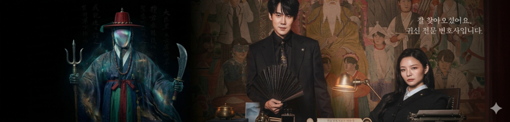 A cinematic banner for the K-drama "Phantom Lawyer" showing the main characters alongside a mysterious, faceless shaman figure in traditional blue ritual robes, holding a trident and a crescent blade against a dark, cosmic background.