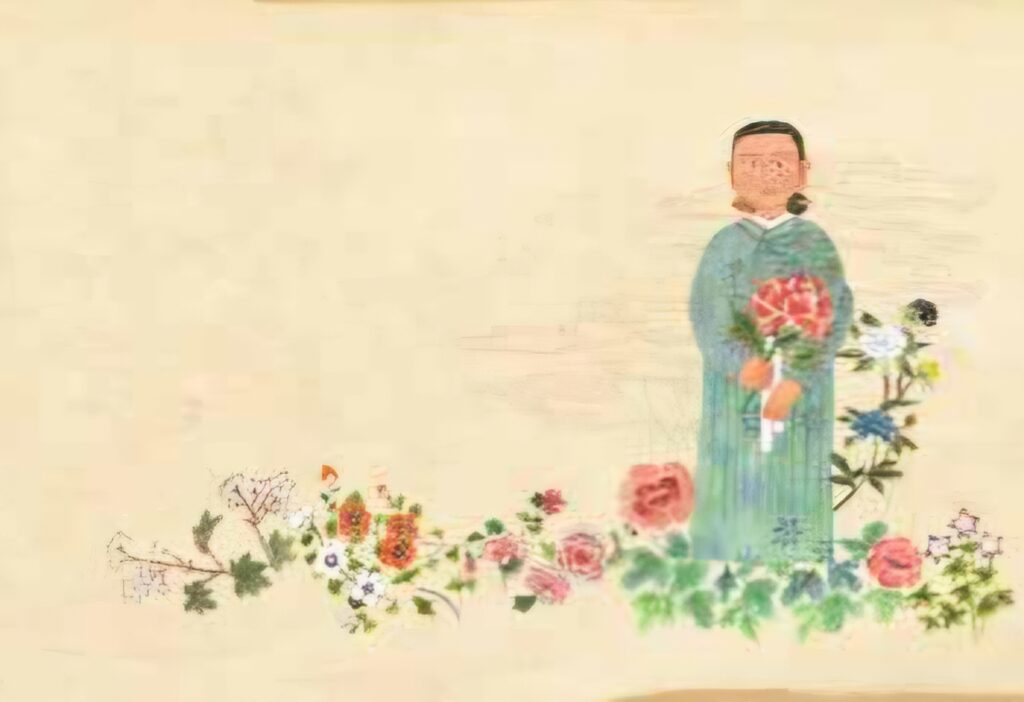 An authentic illustration from a Korean Studies academic journal (AKS) showing Princess Bari, a pivotal figure in Shamanism. She wears traditional robes and stands amidst symbolic flowers, illustrating her transformation into the goddess who guides souls to the afterlife.