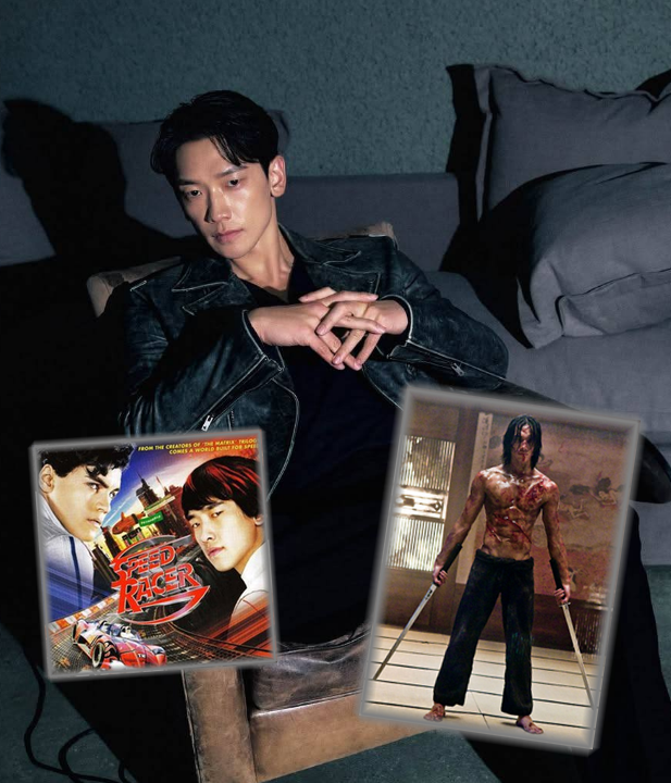 A composite image of singer and actor Rain, featuring his current portrait alongside movie posters and stills from his Hollywood films 'Speed Racer' and 'Ninja Assassin'.