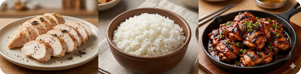 Bloodhounds Season 2 Workout: A horizontal collage showing sliced chicken breast, a bowl of white rice, and Korean charcoal-grilled chicken (Jikoba), representing the high-calorie diet for muscle gain.