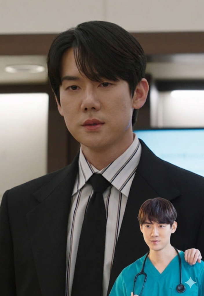 A composite image featuring a large portrait of Yoo Yeon-seok as the serious lawyer Shin I-rang from Phantom Lawyer in a suit, with a smaller overlay image in the bottom-right corner showing him as the kind doctor Ahn Jeong-won from Hospital Playlist in scrubs.